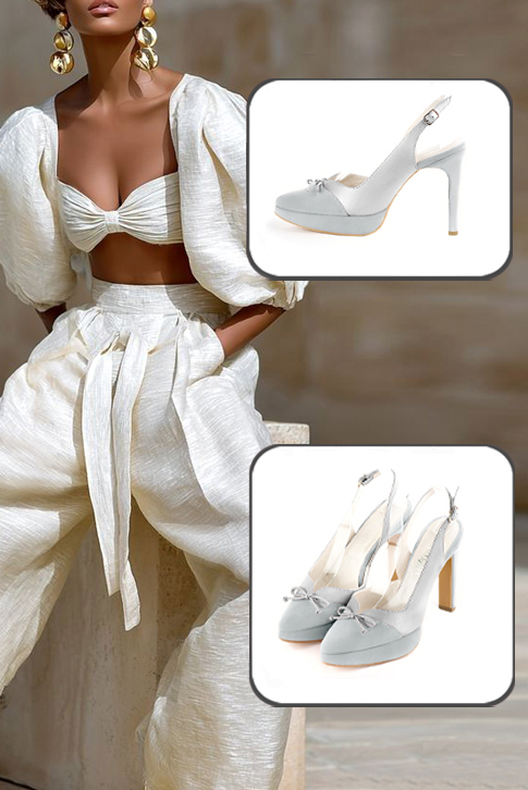 Dress slingback bow heels in pearl grey and silver leather with high slim heels with a platform at the front and tapered toe - Worn view